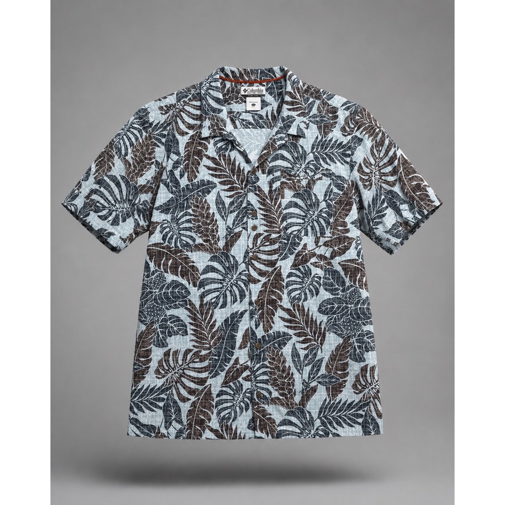 Columbia Mens XL‎ Tropical Monstera Palm Leaf Print Button Up Shirt Blue AM7230